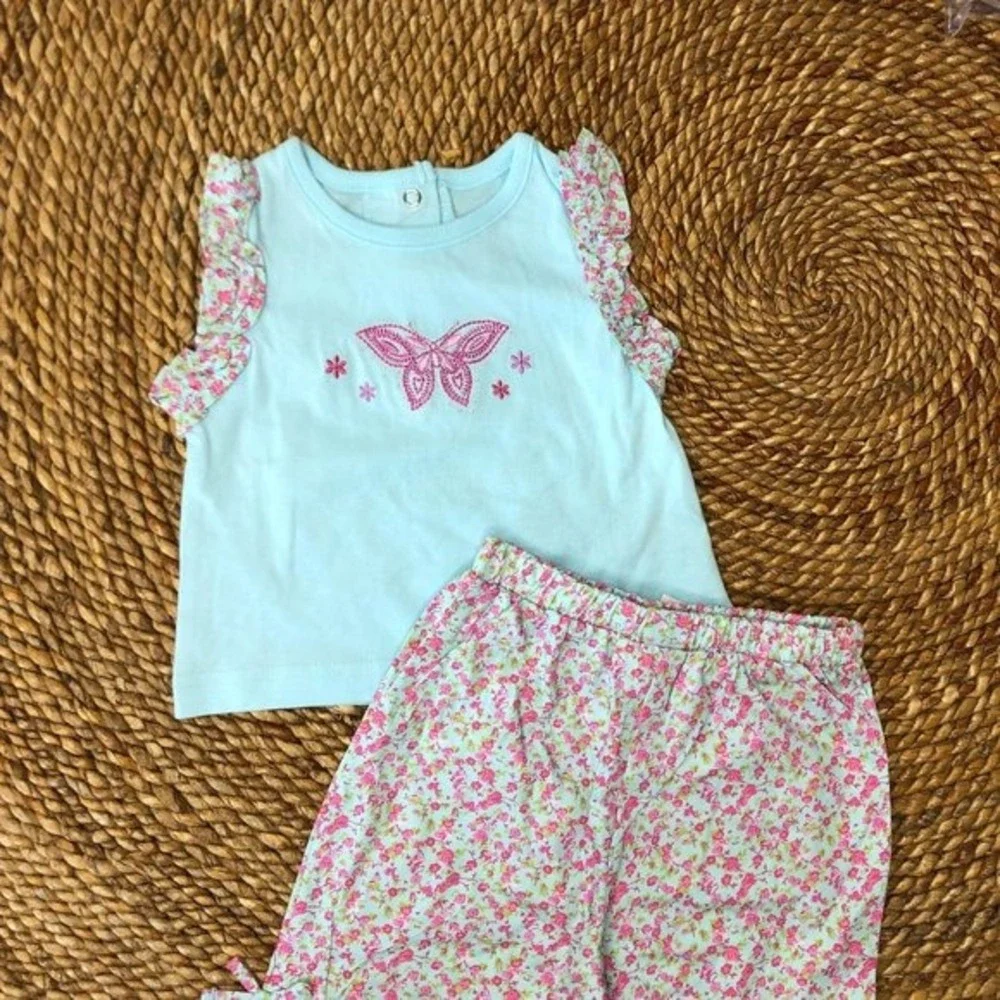 New 12‎ Mo Butterfly Ruffle Tee Embroidery Floral Bottoms Infant Girls 2 Piece